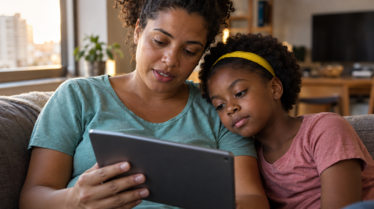 Mãe e filha de 8 anos no sofá conversando enquanto olham juntas para um tablet