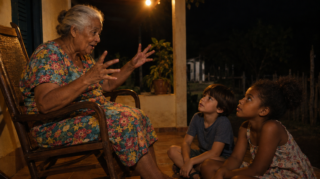 Avó contando uma história do folclore para os netos na varanda à noite