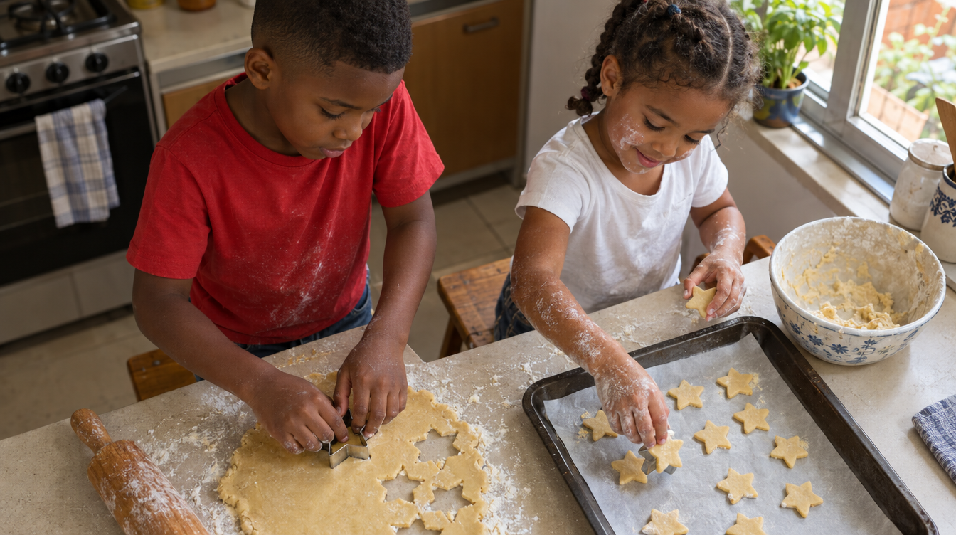 Dois irmãos cortando biscoitos em formato de estrela e arrumando na assadeira na cozinha