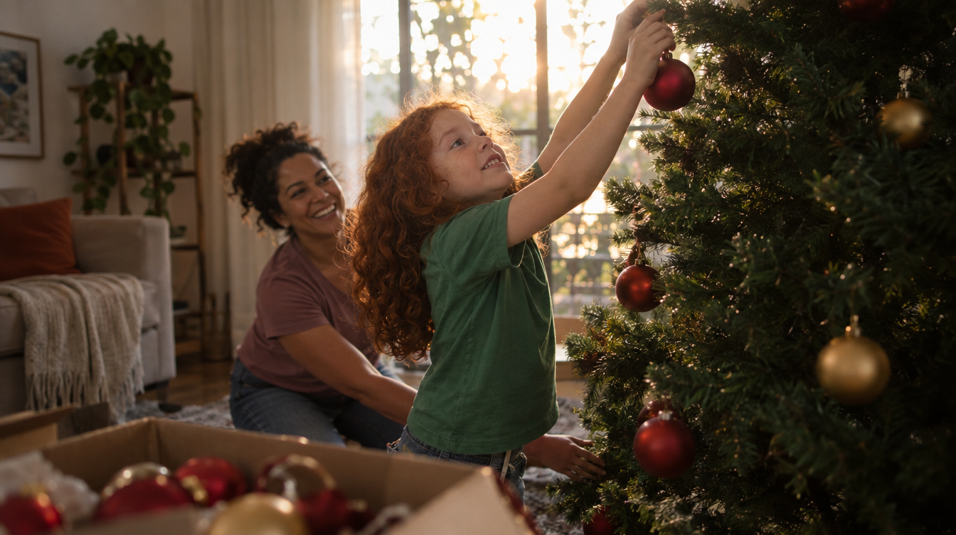 Menina pendurando um enfeite no galho alto da árvore de Natal enquanto a mãe segura a base