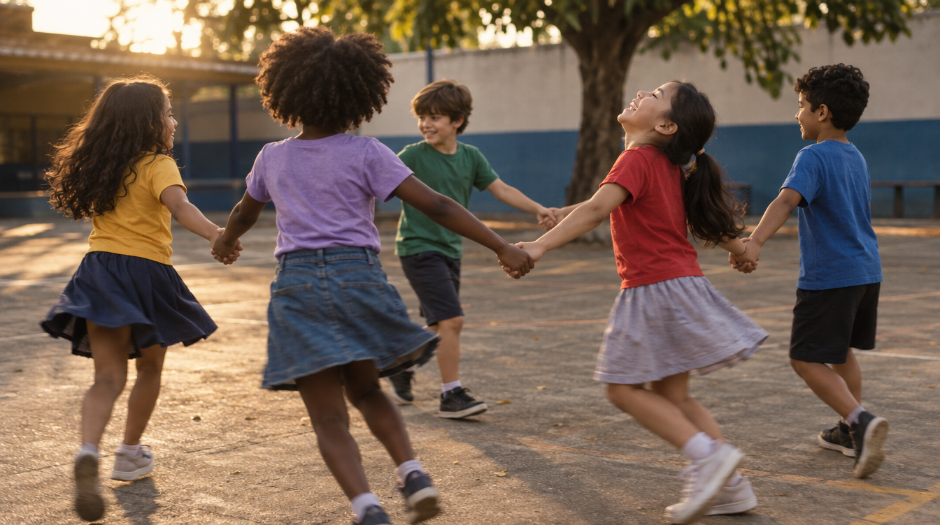 Cinco crianças de mãos dadas girando em roda no pátio da escola no fim da tarde