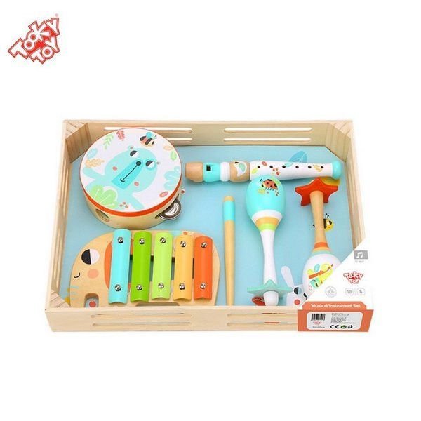 Caixa Musical Animais da Tooky Toy com flauta, pandeiro, maracás e xilofone