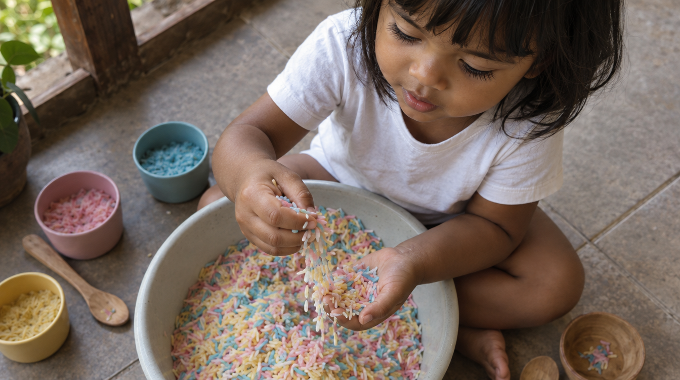 Criança de 2 anos deixando arroz colorido escorrer entre os dedos numa bacia sensorial