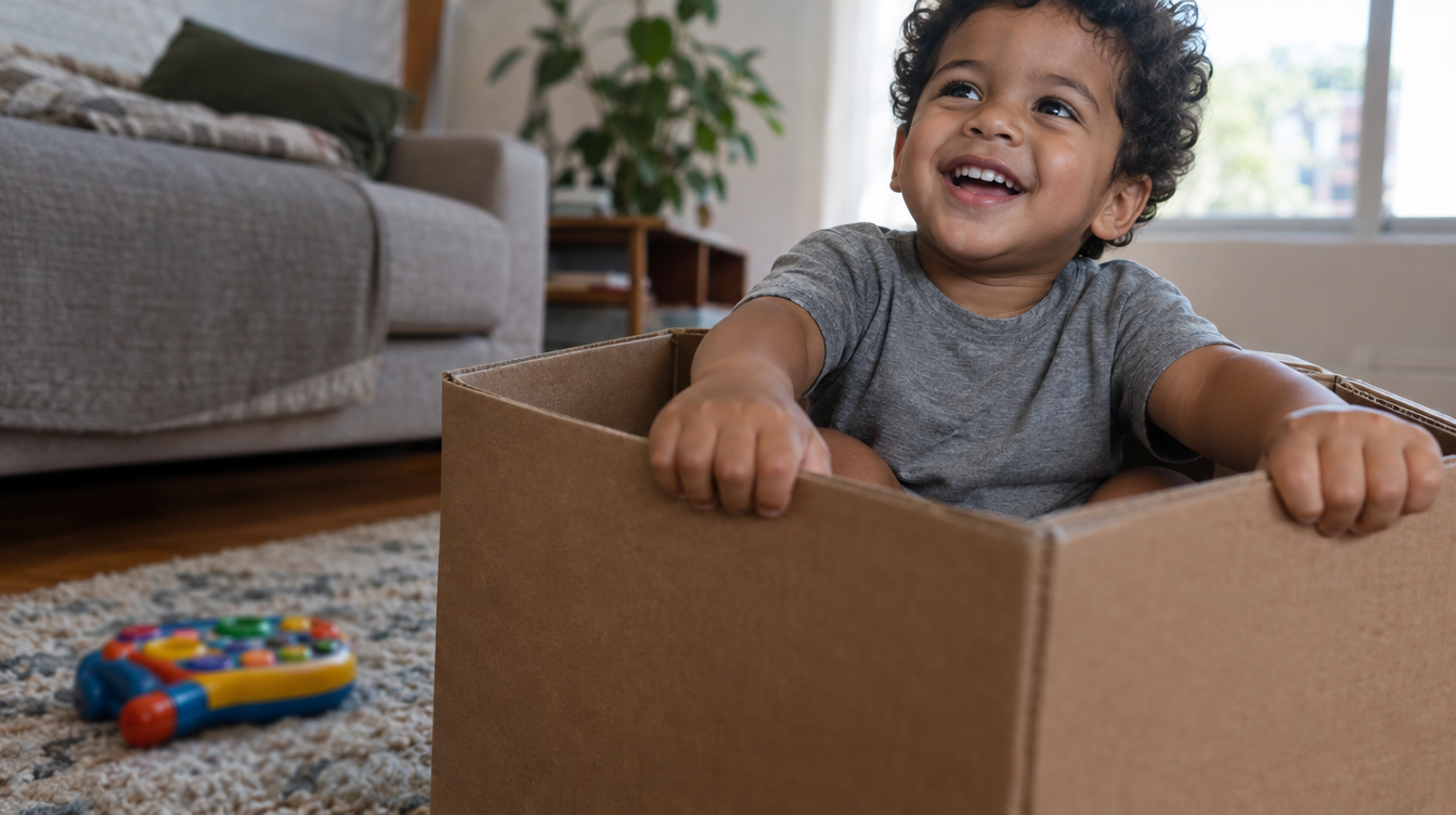 Menino de 2 anos brincando dentro de uma caixa de papelão enquanto um brinquedo eletrônico fica esquecido no tapete