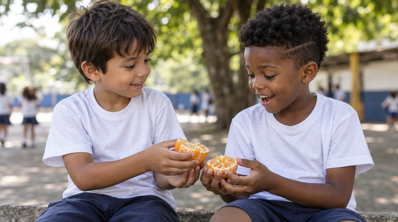 Dois amigos de 6 anos dividindo uma tangerina no recreio da escola