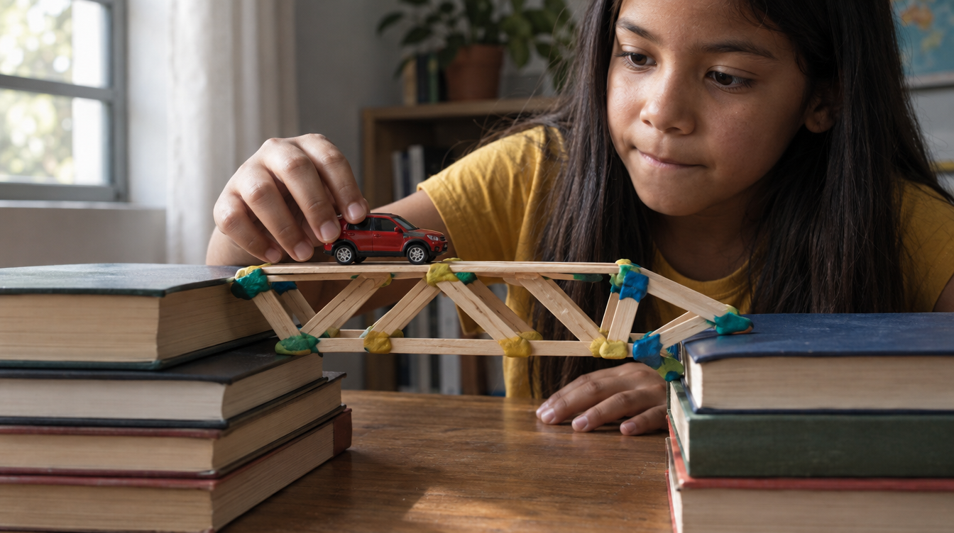 Menina de 8 anos testando com um carrinho a ponte de palitos de picolé que construiu