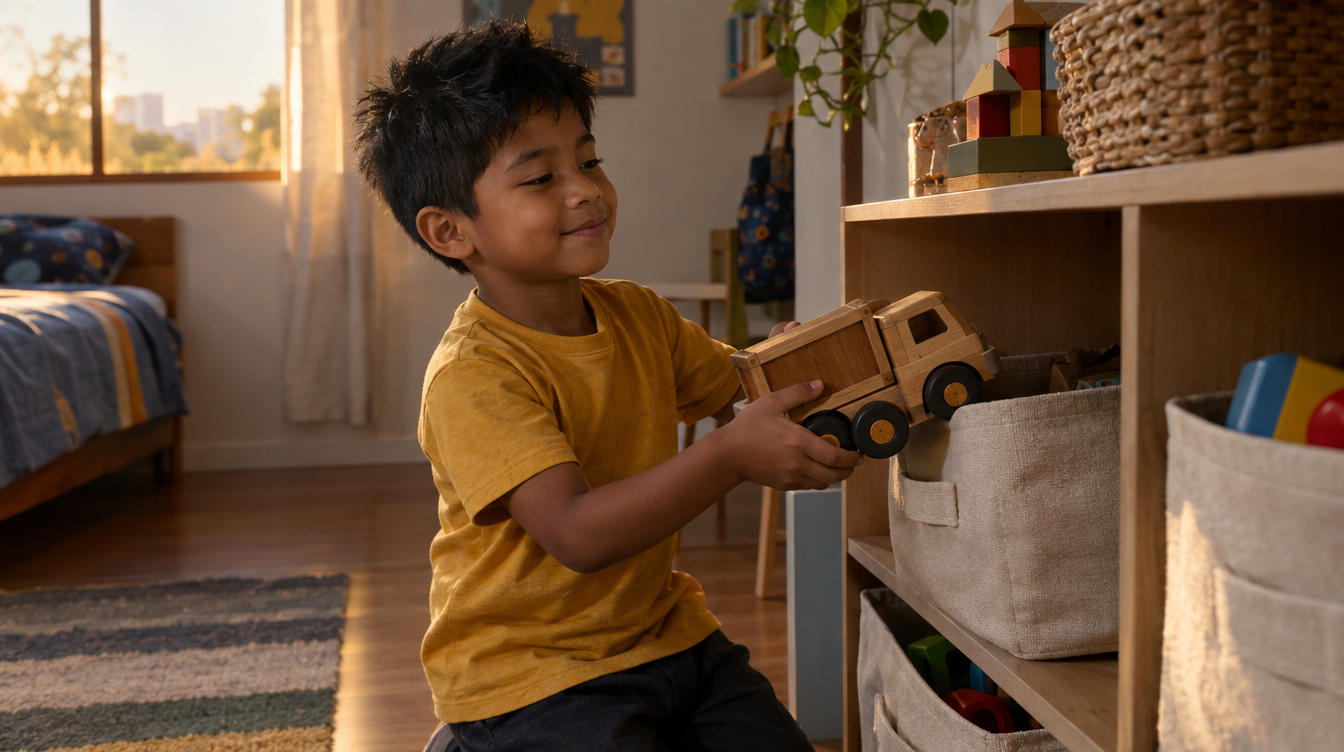 Menino de 6 anos guardando sozinho os brinquedos nos cestos da estante