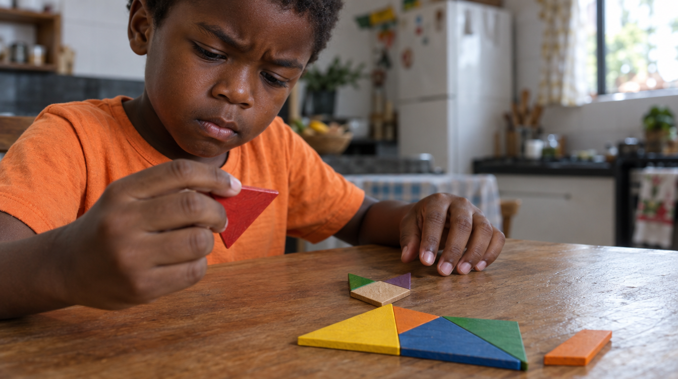 Menino de 5 anos concentrado montando um tangram de madeira colorido