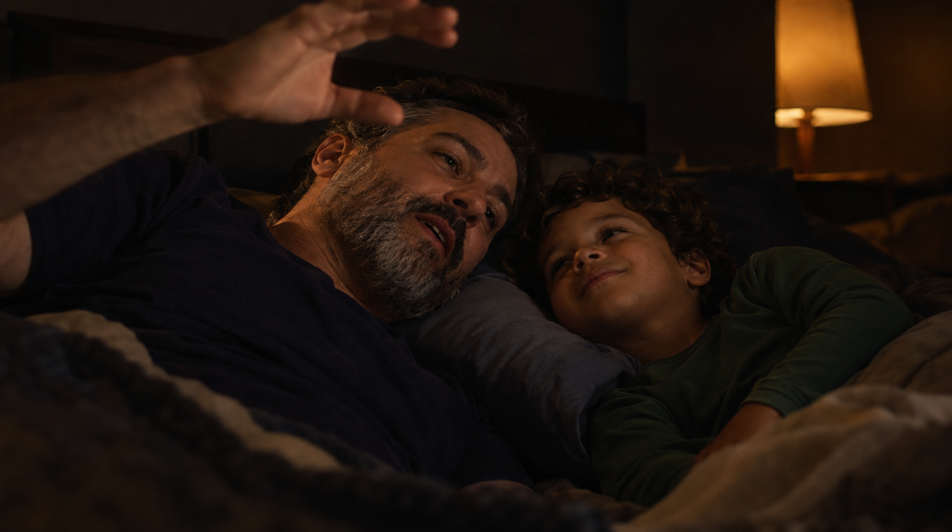 Pai contando uma história inventada para o filho na cama antes de dormir