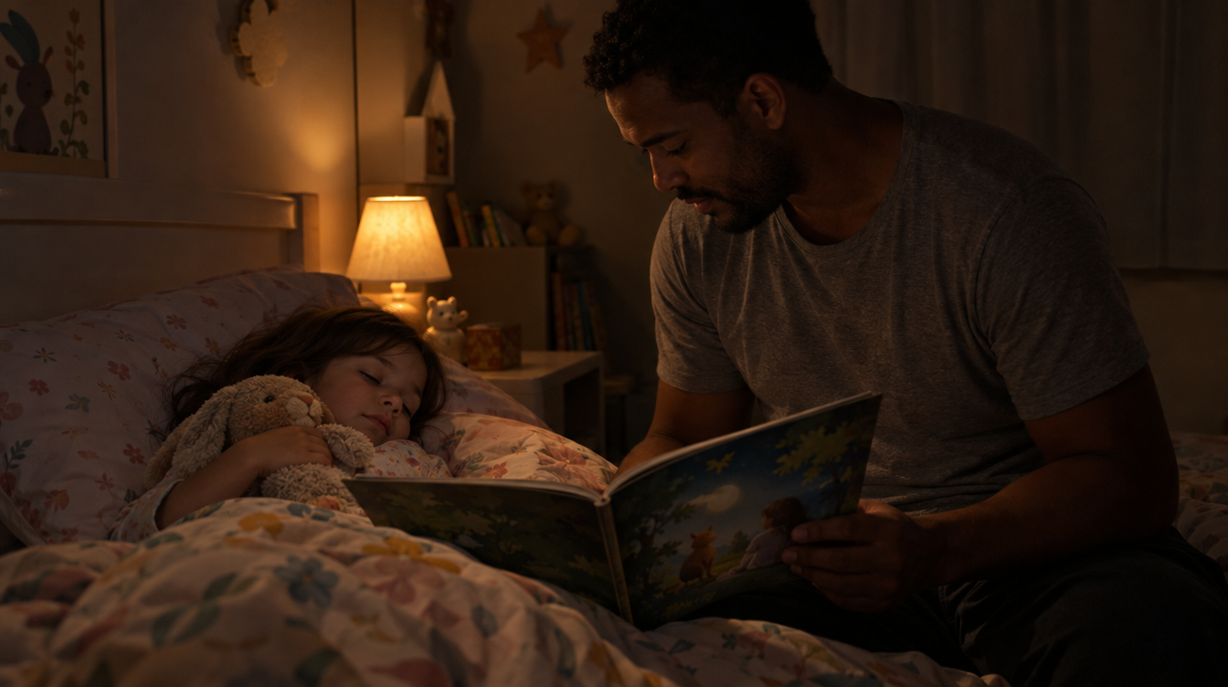 Pai lendo história para a filha na cama à luz do abajur, sem telas no quarto