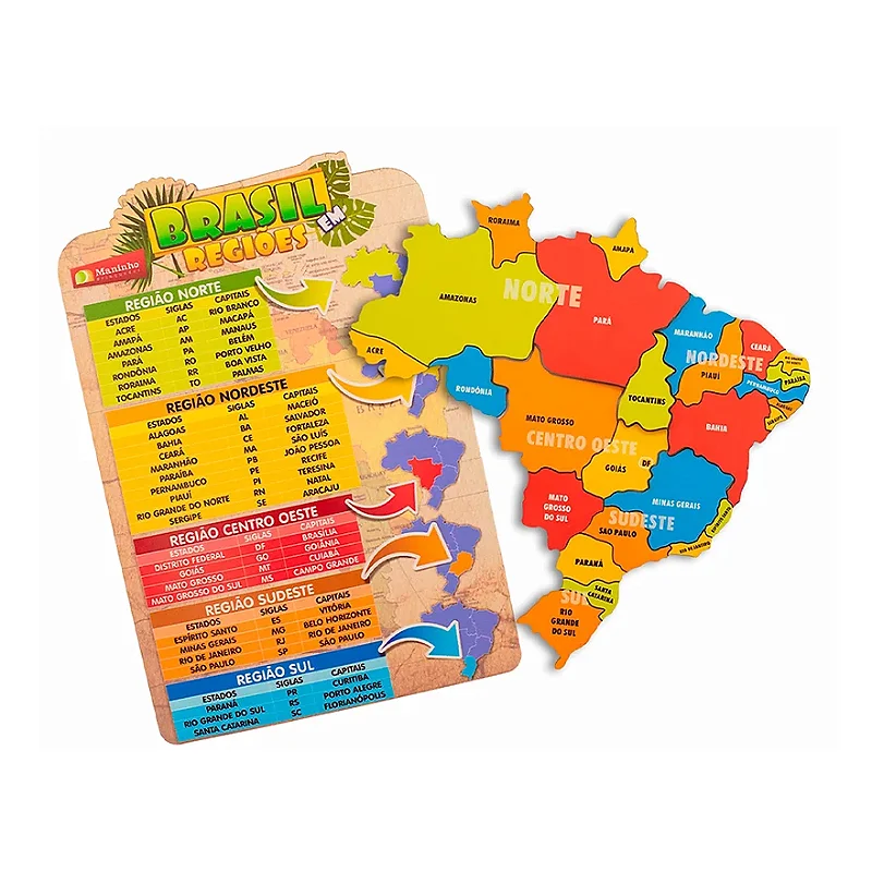 Quebra-cabeça Mapa do Brasil em Regiões da Maninho, em MDF com peças coloridas