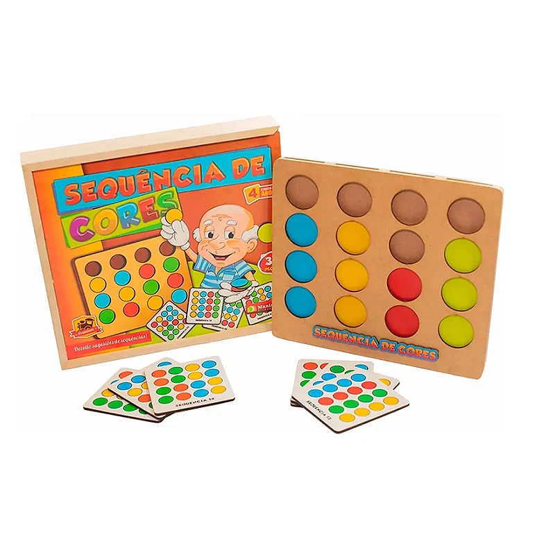 Jogo Sequência de Cores da Maninho com placas de padrões e fichas coloridas