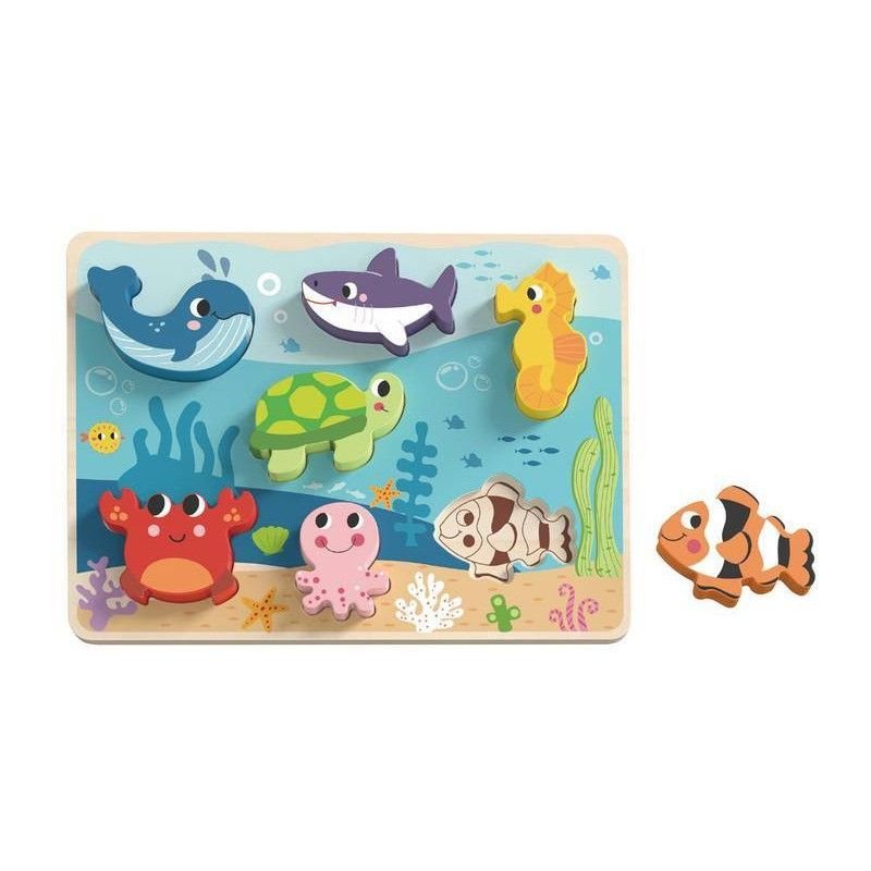 Tabuleiro de encaixe Fundo do Mar da Tooky Toy com 8 animais marinhos de madeira