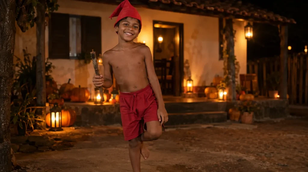 Criança brasileira fantasiada de saci-pererê em casa decorada de Halloween