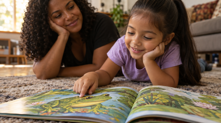 Menina e mãe deitadas no tapete olhando um livro infantil ilustrado