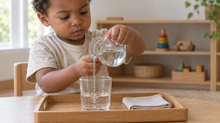 Criança de 2 anos despejando água de uma jarrinha num copo, atividade montessoriana