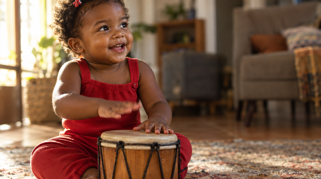 Bebê de 1 ano batendo num pequeno tambor de madeira