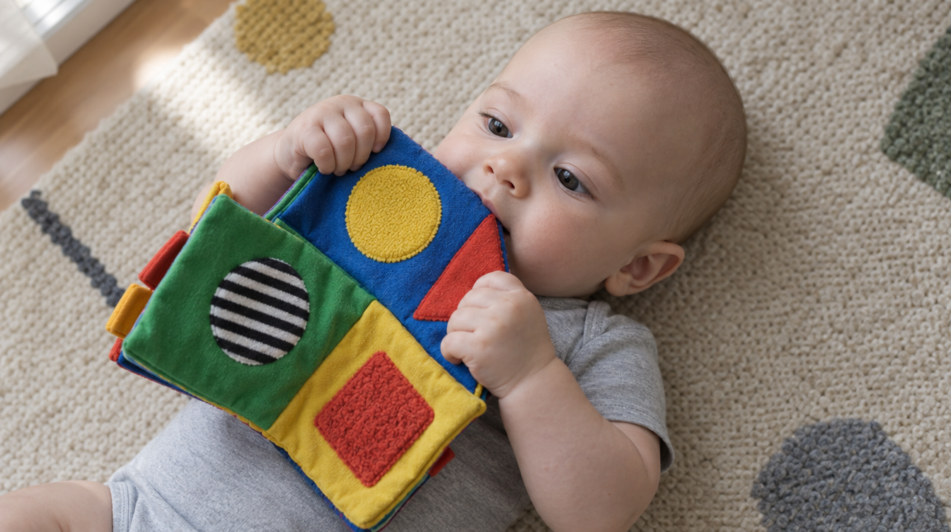 Bebê de 6 meses explorando um livro de pano com a boca e as mãos