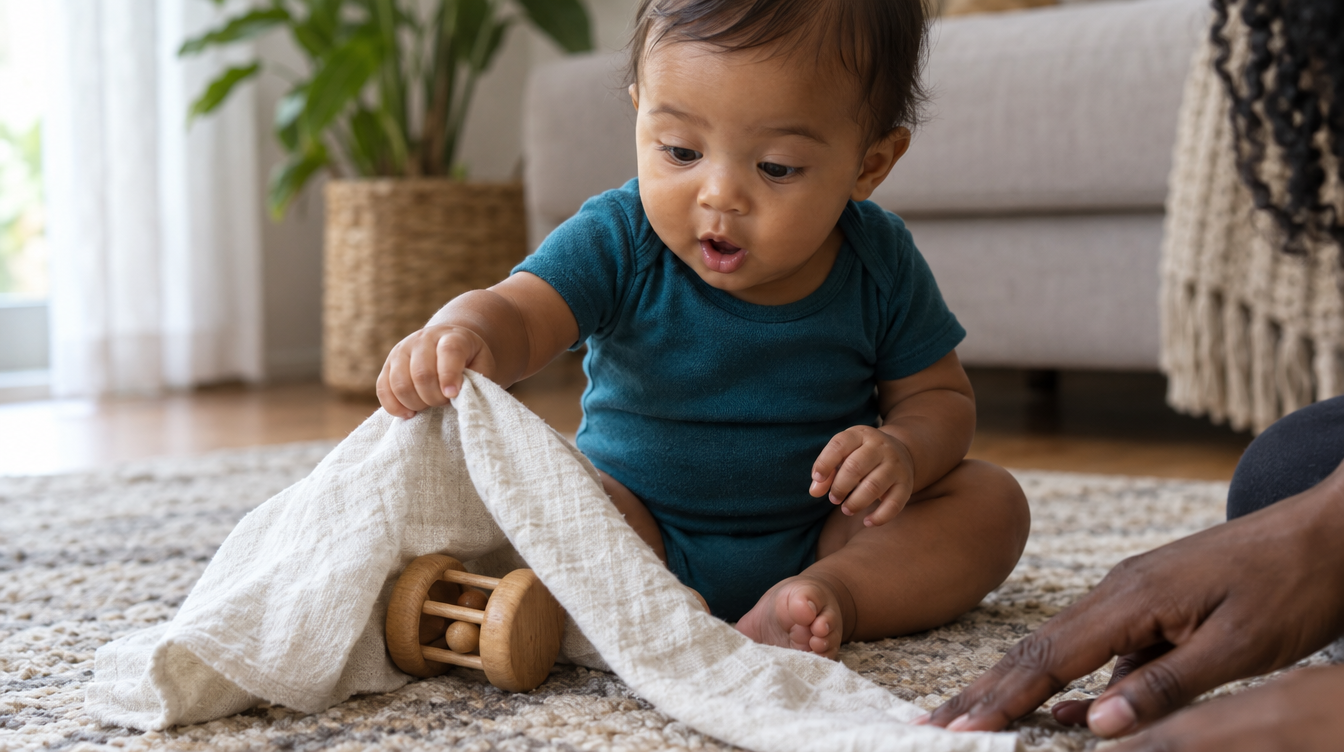 Bebê de 8 meses puxando um paninho e encontrando o chocalho escondido