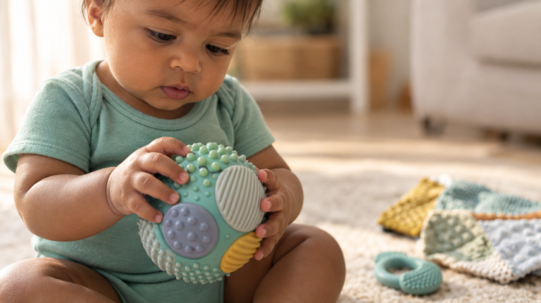 Bebê de 9 meses explorando uma bola sensorial com texturas