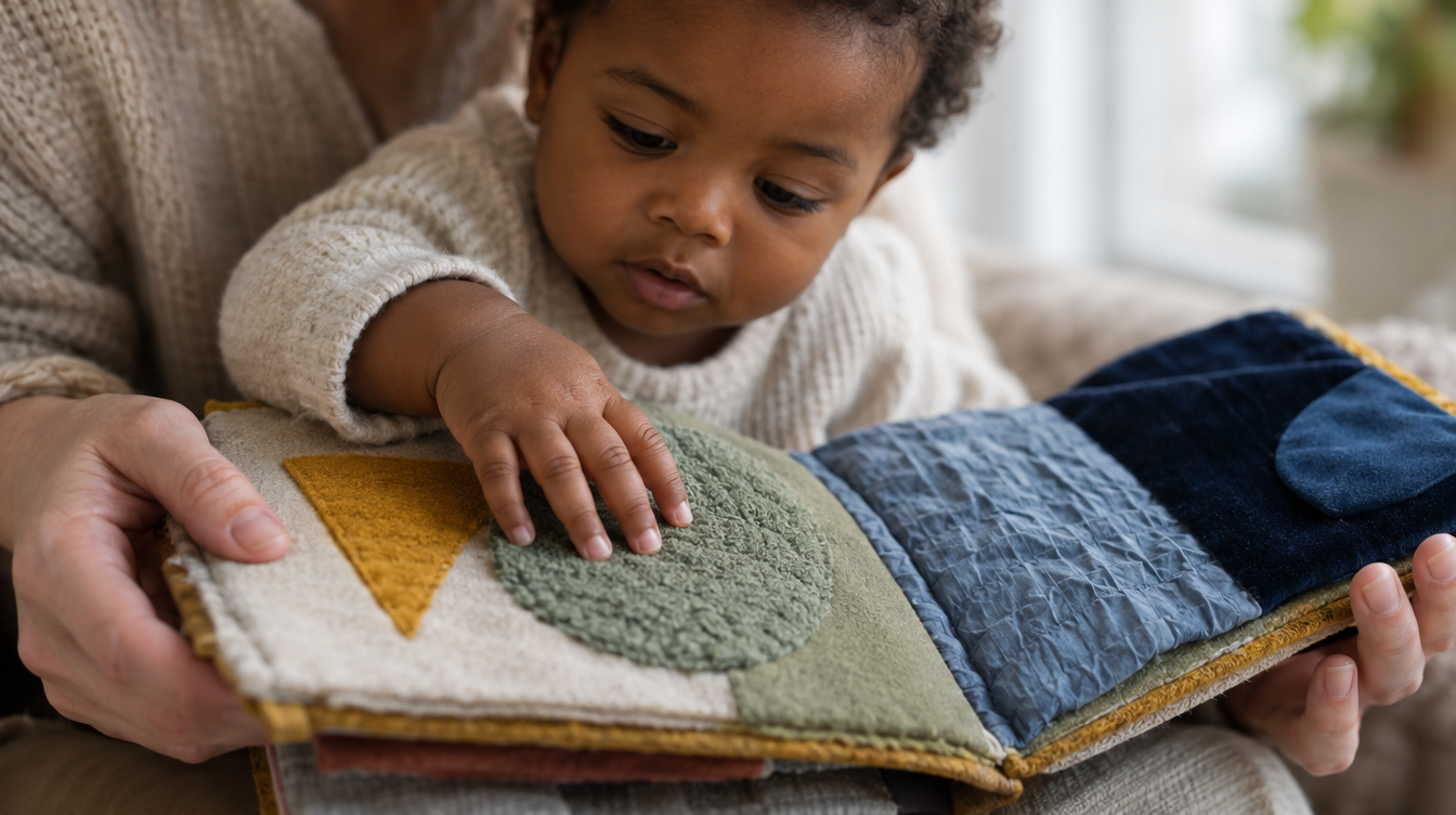Bebê tocando as texturas de um livro de pano que a mãe segura