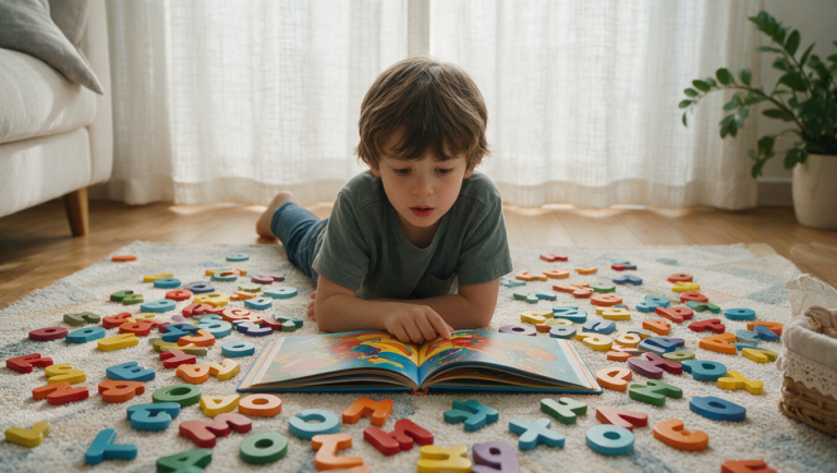 Criança de 6 anos deitada no tapete cercada de letras de madeira coloridas e livro infantil