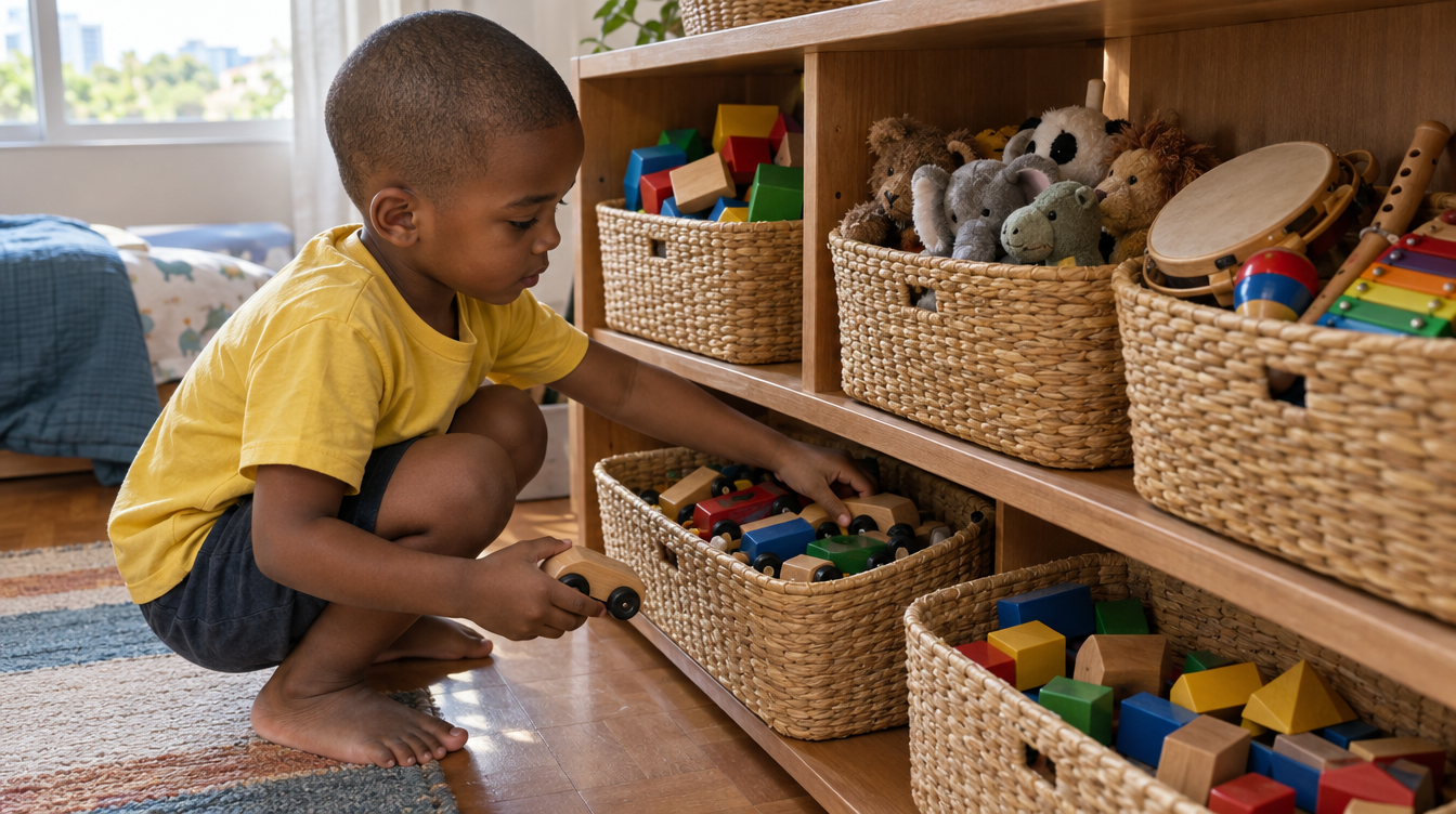 Menino guardando carrinhos em cestos organizados por tipo de brinquedo