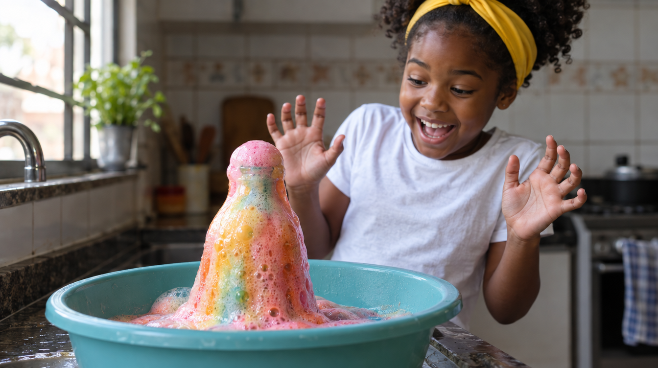 Menina fazendo o experimento do vulcão de bicarbonato na pia da cozinha
