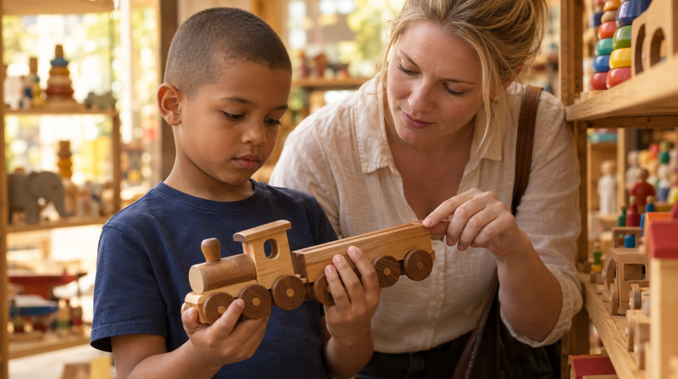 Mãe e filho conferindo um trem de madeira numa loja de brinquedos