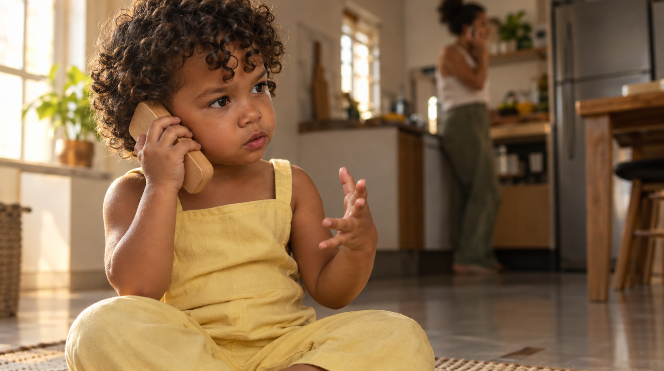 Menina de 2 anos falando num telefone de brinquedo imitando a mãe