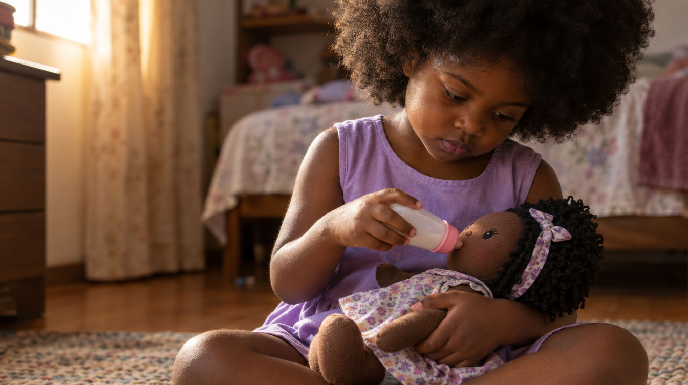 Menina de 3 anos dando mamadeira de brinquedo para uma boneca de pano