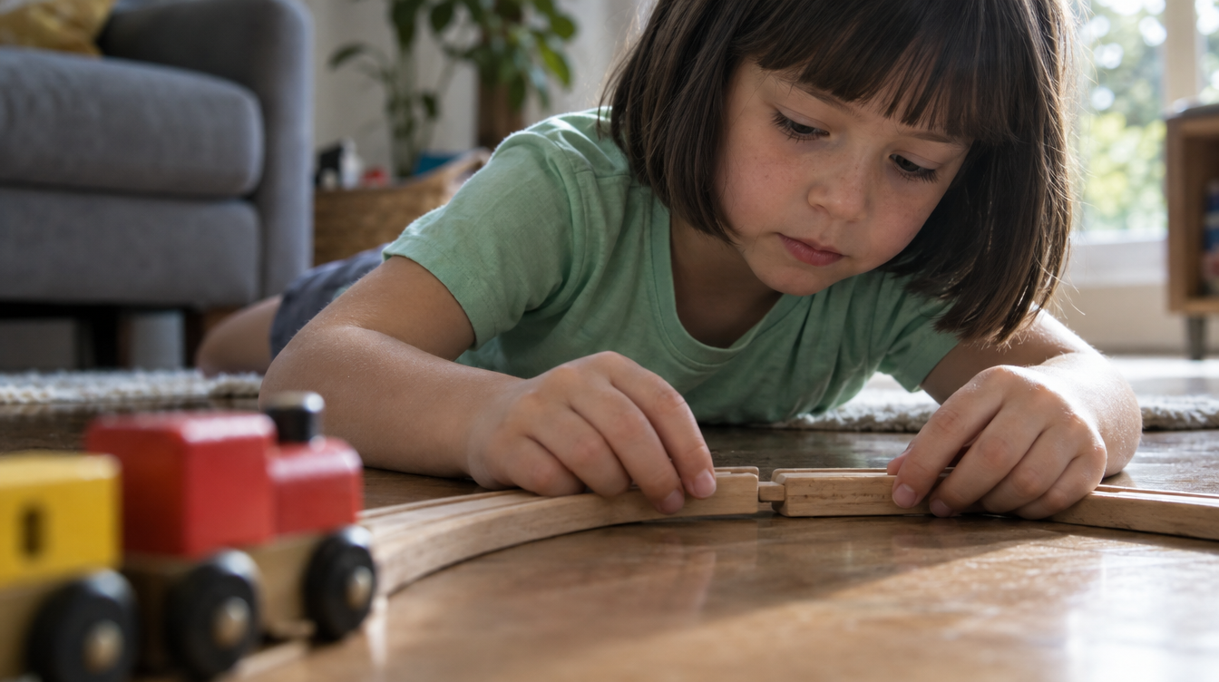 Menina de 4 anos encaixando trilhos de uma pista de trem de madeira no chão da sala