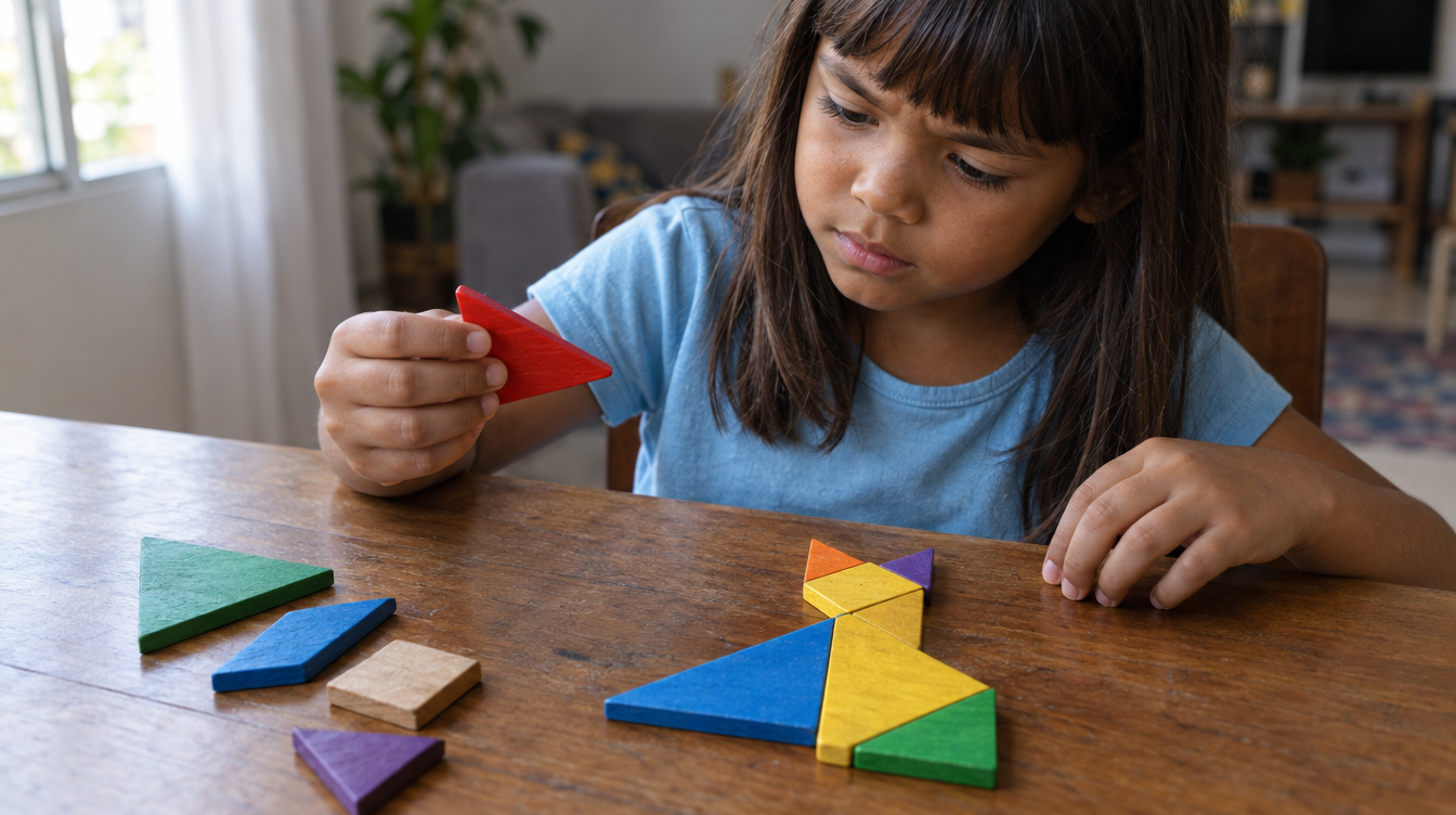 Menina de 5 anos montando figura de gato com peças de tangram