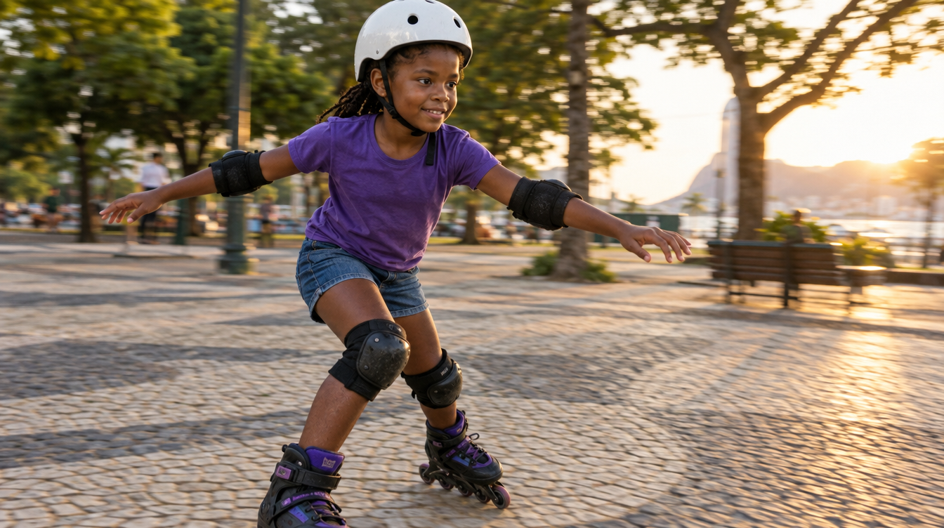 Menina de 8 anos andando de patins com capacete e joelheiras numa praça