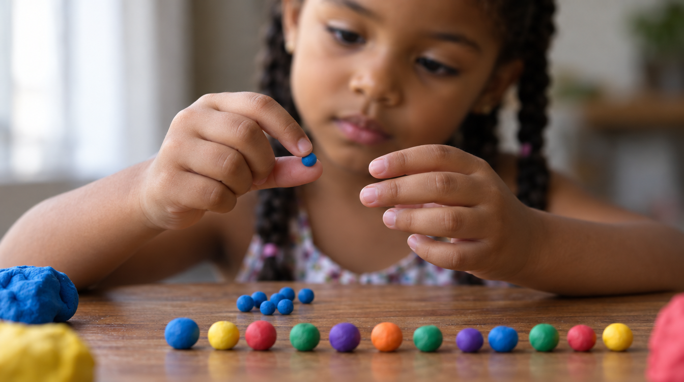 Menina fazendo bolinhas de massinha com os dedos em movimento de pinça