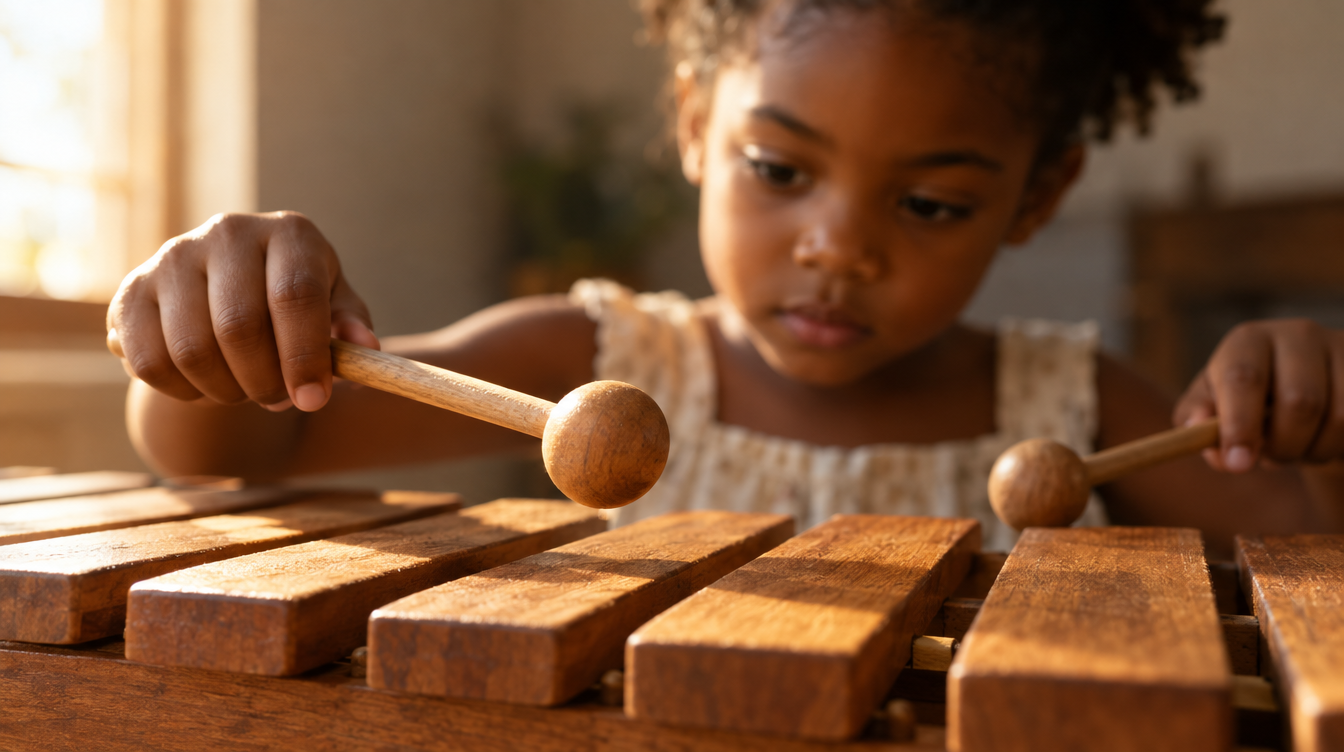 Menina de 5 anos tocando xilofone de madeira com baquetas