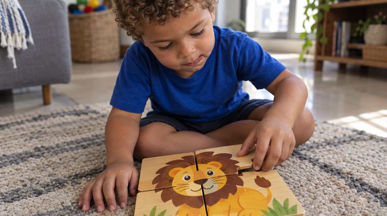 Menino de 3 anos encaixando a última peça de um quebra-cabeça de leão