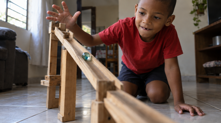 Menino de 6 anos soltando bolinha de gude numa pista de madeira