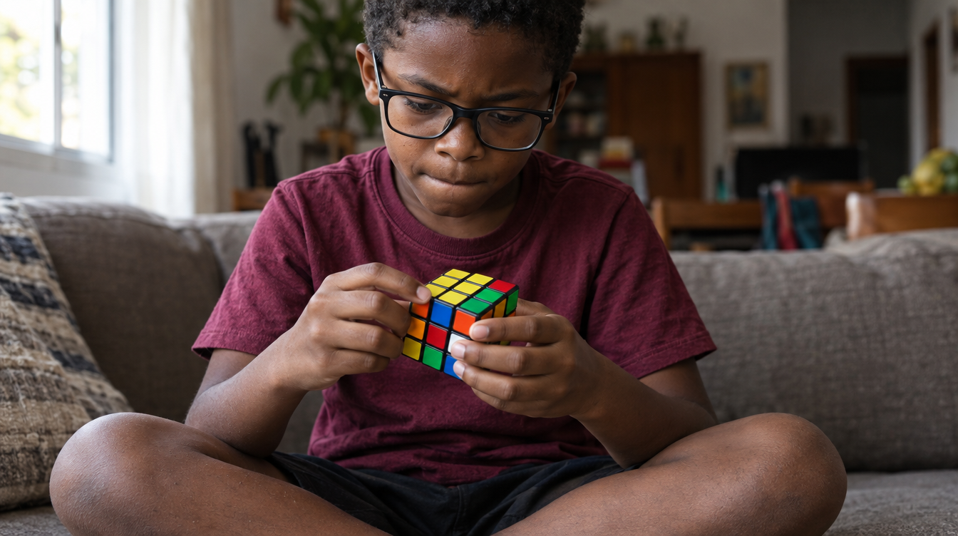 Menino de 9 anos concentrado resolvendo um cubo mágico