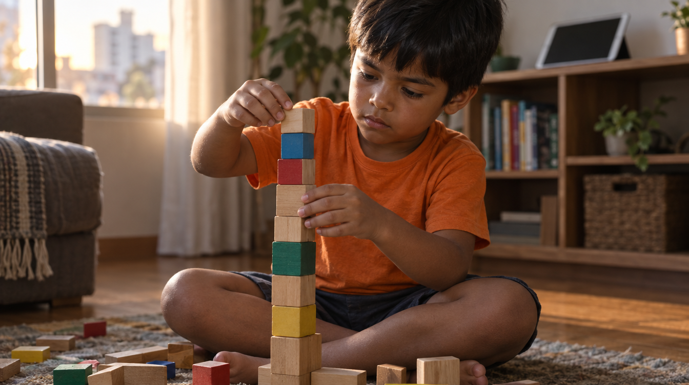 Menino construindo torre de blocos enquanto o tablet fica guardado na estante
