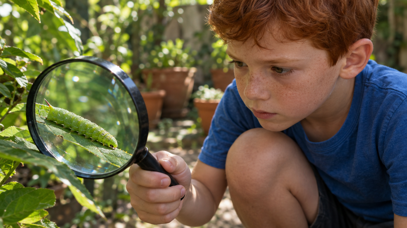 Menino de 7 anos observando uma lagarta com uma lupa no quintal