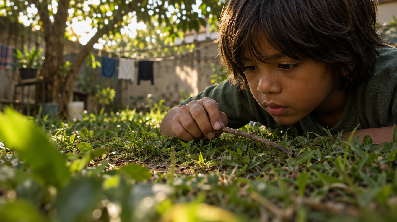 Menino deitado na grama do quintal observando formigas