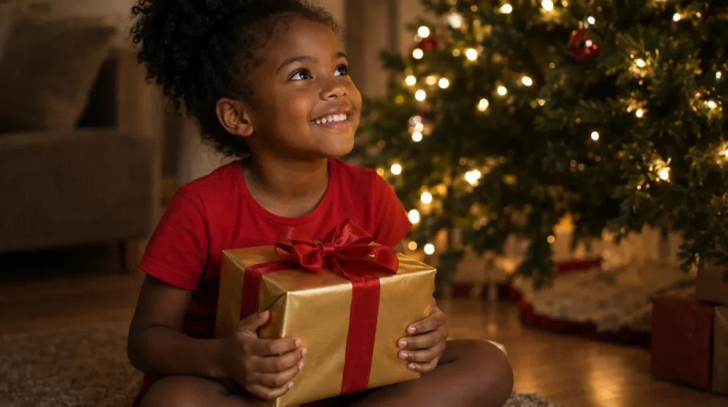 Criança brasileira segurando presente perto da árvore de Natal