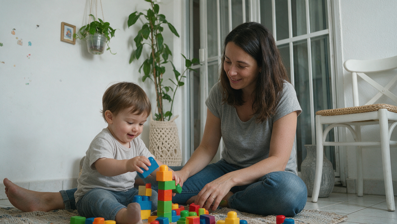 Mãe e criança de 2 anos brincando no chão com blocos coloridos