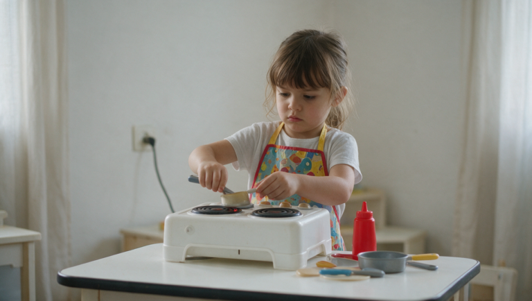 Criança de 4 anos de avental brincando de cozinha com utensílios de brinquedo