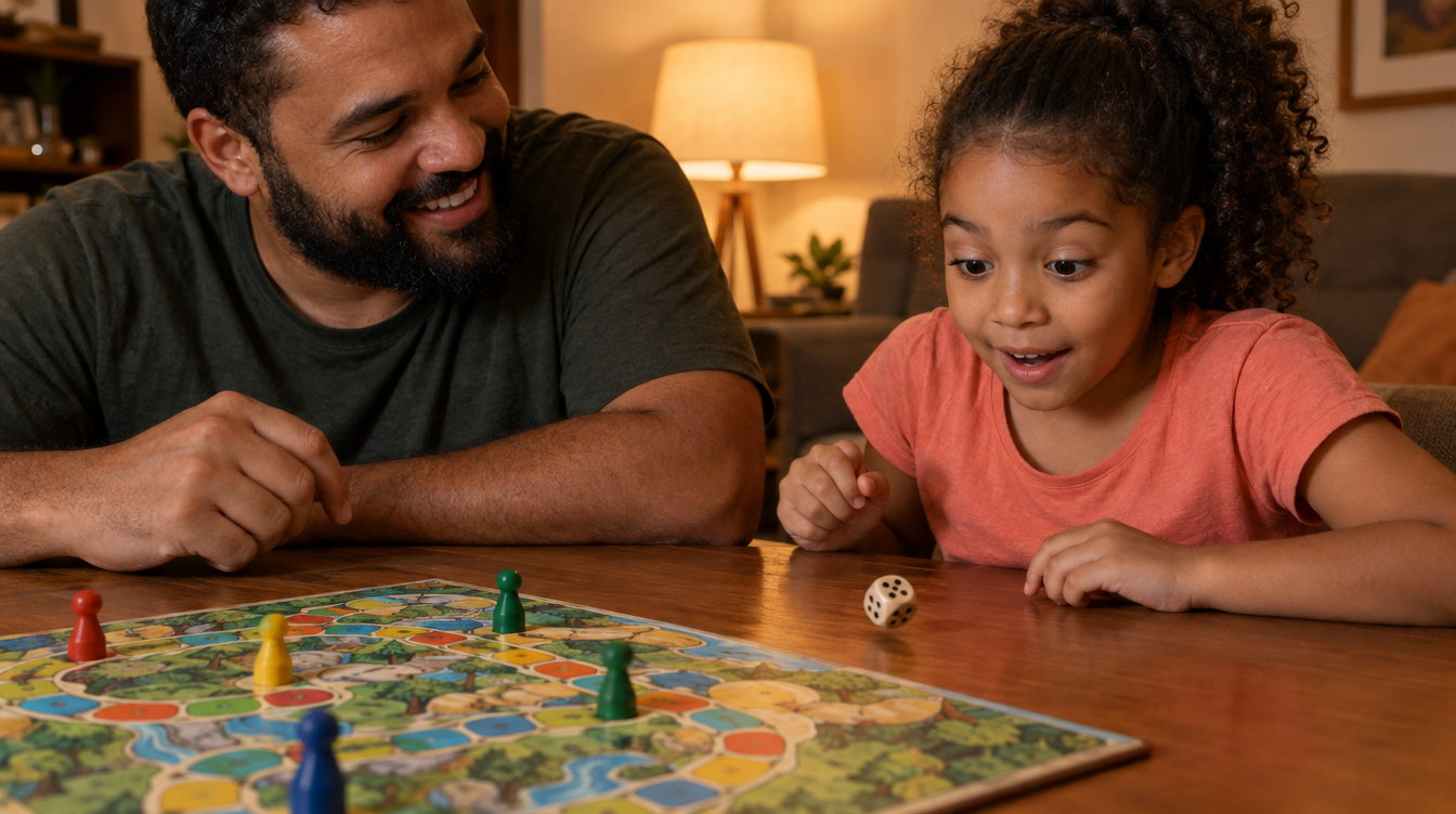 Pai e filha jogando um jogo de tabuleiro de percurso na mesa da sala