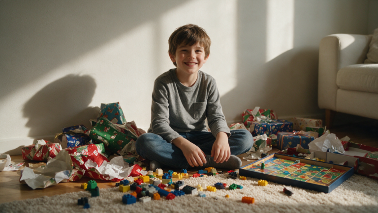 Criança de 8 anos sorrindo rodeada de brinquedos e embrulhos coloridos