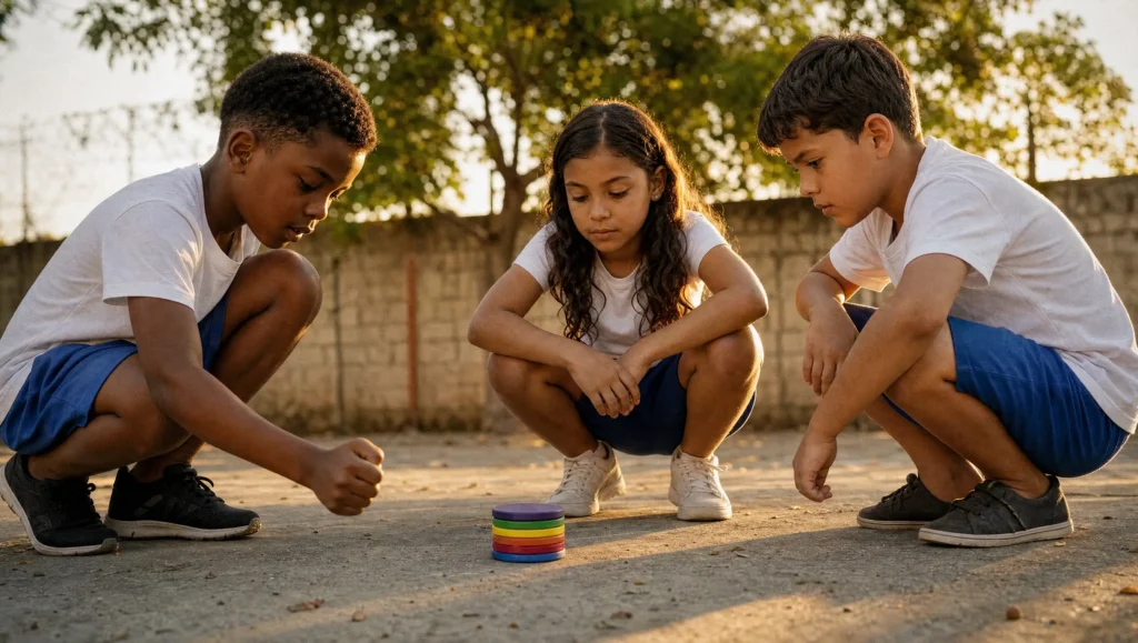 Crianças agachadas em roda no pátio da escola batendo num monte de discos coloridos