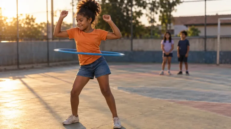 Menina de camiseta laranja girando um bambolê azul na cintura no meio de uma quadra de escola, no fim da tarde