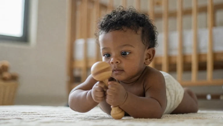 Bebê brasileiro de cerca de 8 meses deitado de bruços no tapete segurando um chocalho de madeira com as duas mãos